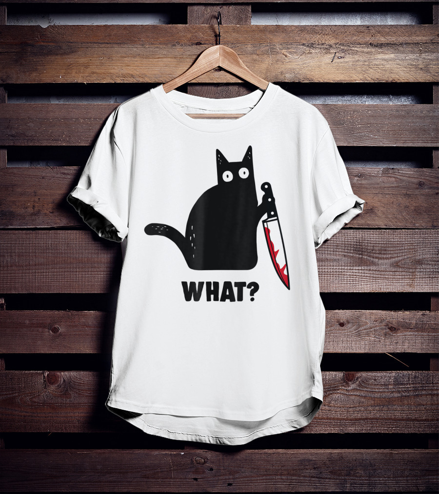 Funny Black Cat With Knife And What? T-Shirt