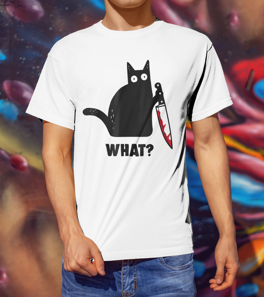 Funny Black Cat With Knife And What? T-Shirt