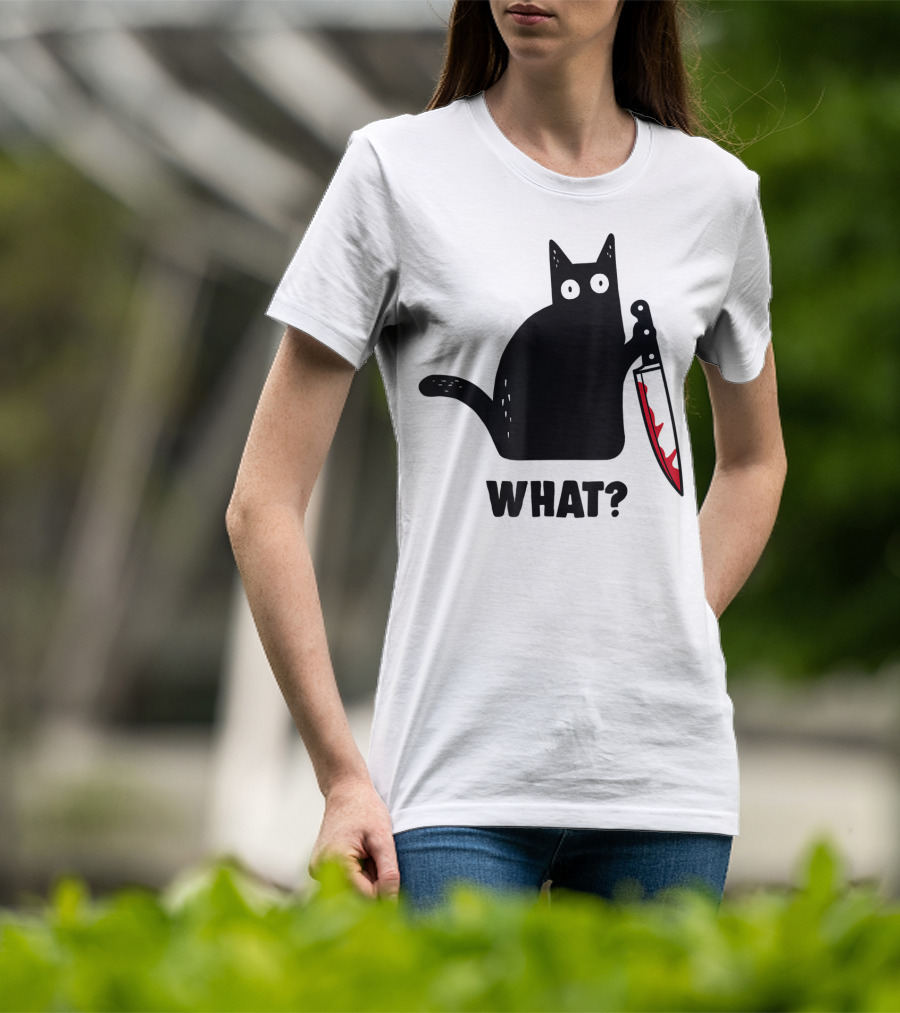 Funny Black Cat With Knife And What? T-Shirt