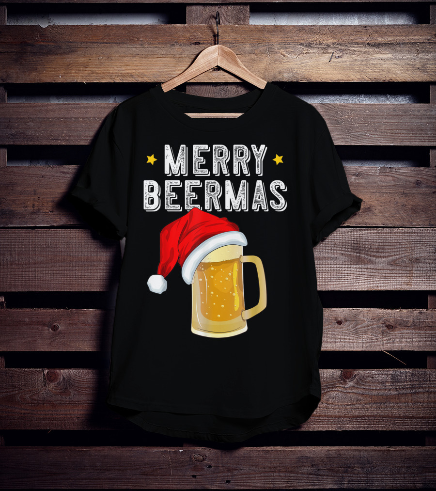 Merry Beermas Christmas Beer Santa Hat Beer Mug T-Shirt