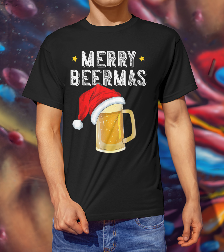 Merry Beermas Christmas Beer Santa Hat Beer Mug T-Shirt