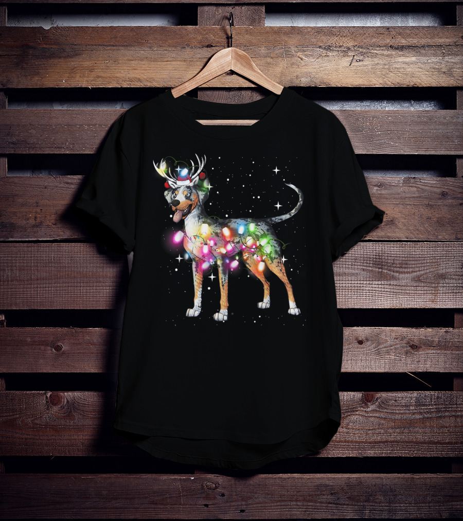 Catahoula Leopard Dog Wrapped In Christmas Lights With Reindeer Antlers And Santa Hat T-Shirt