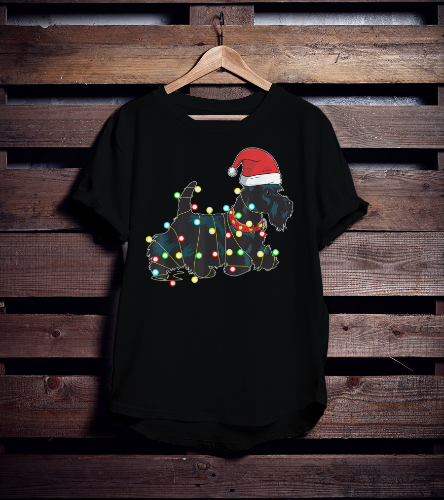 Scottish Terrier Wrapped In Christmas Lights And Santa Hat T-Shirt