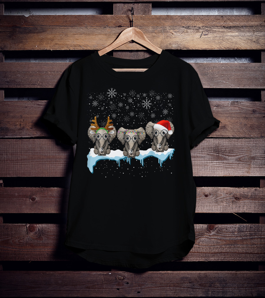 Christmas Three Hippie Elephants With Reindeer Antlers Santa Hat Peace Signs Snowflakes T-Shirt