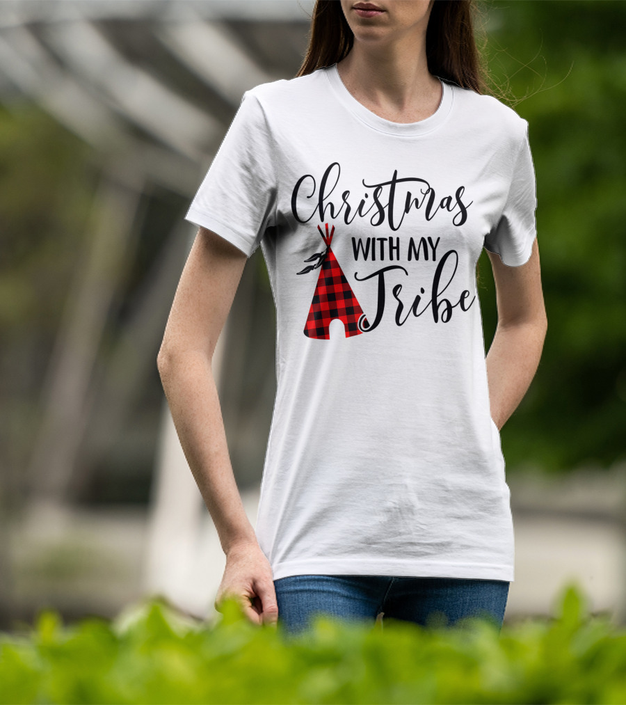 Christmas With My Tribe Teepee Buffalo Plaid Holiday T-Shirt