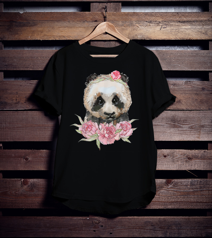 Baby Panda Bear With Pink Flower Crown And Blossoms T-Shirt