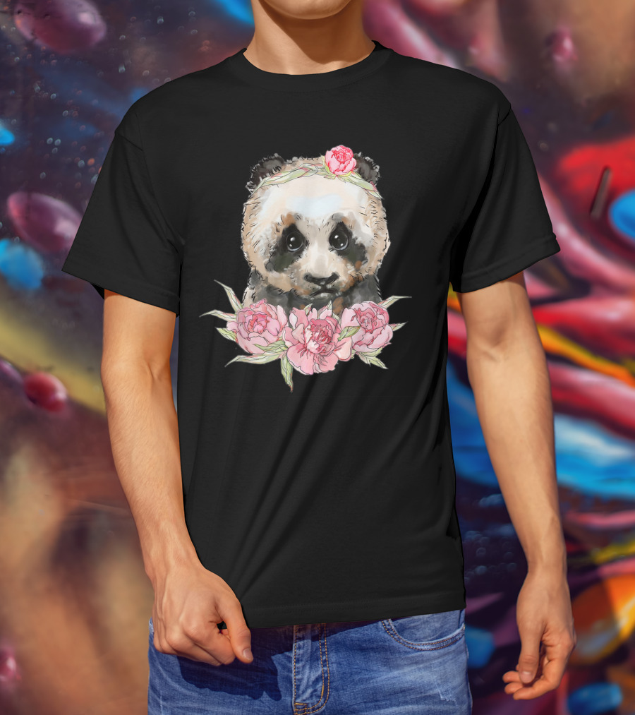 Baby Panda Bear With Pink Flower Crown And Blossoms T-Shirt