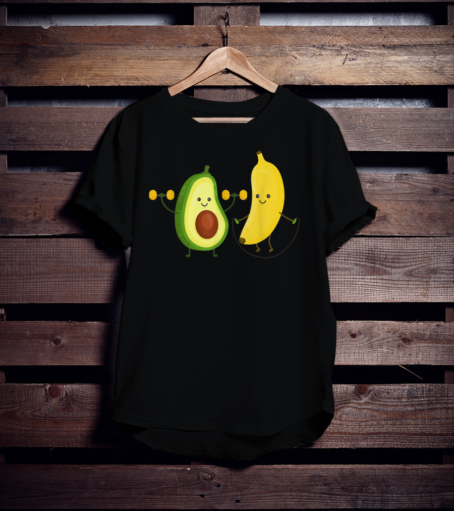 Cute Happy Smiling Banana And Avocado Exercising Together T-Shirt