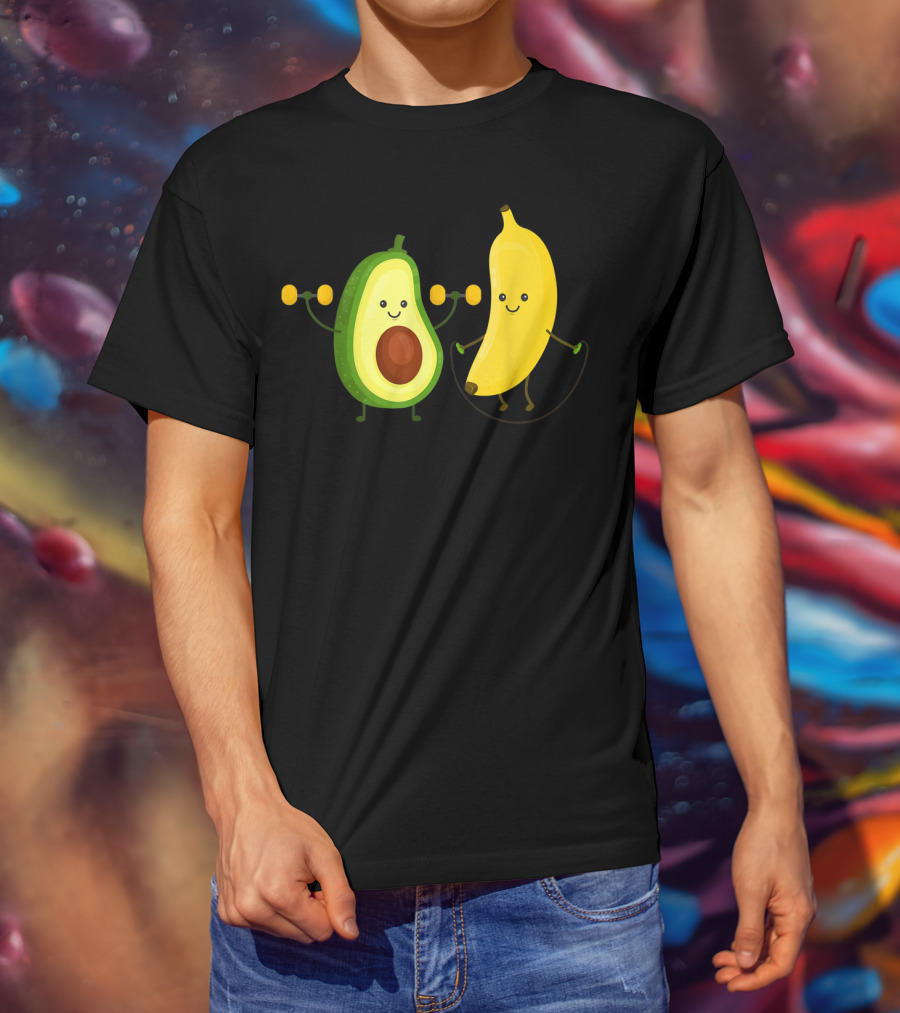 Cute Happy Smiling Banana And Avocado Exercising Together T-Shirt
