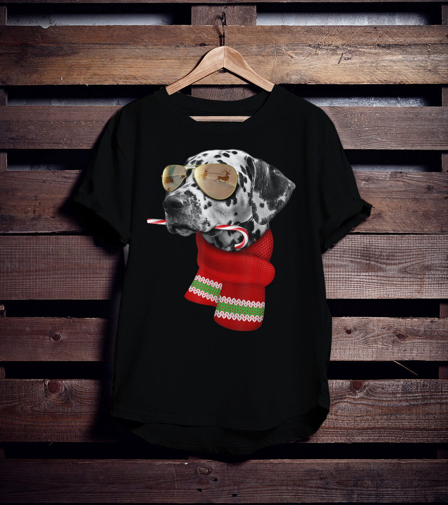 Dalmatian Christmas Dog With Candy Cane And Santa Sunglasses T-Shirt