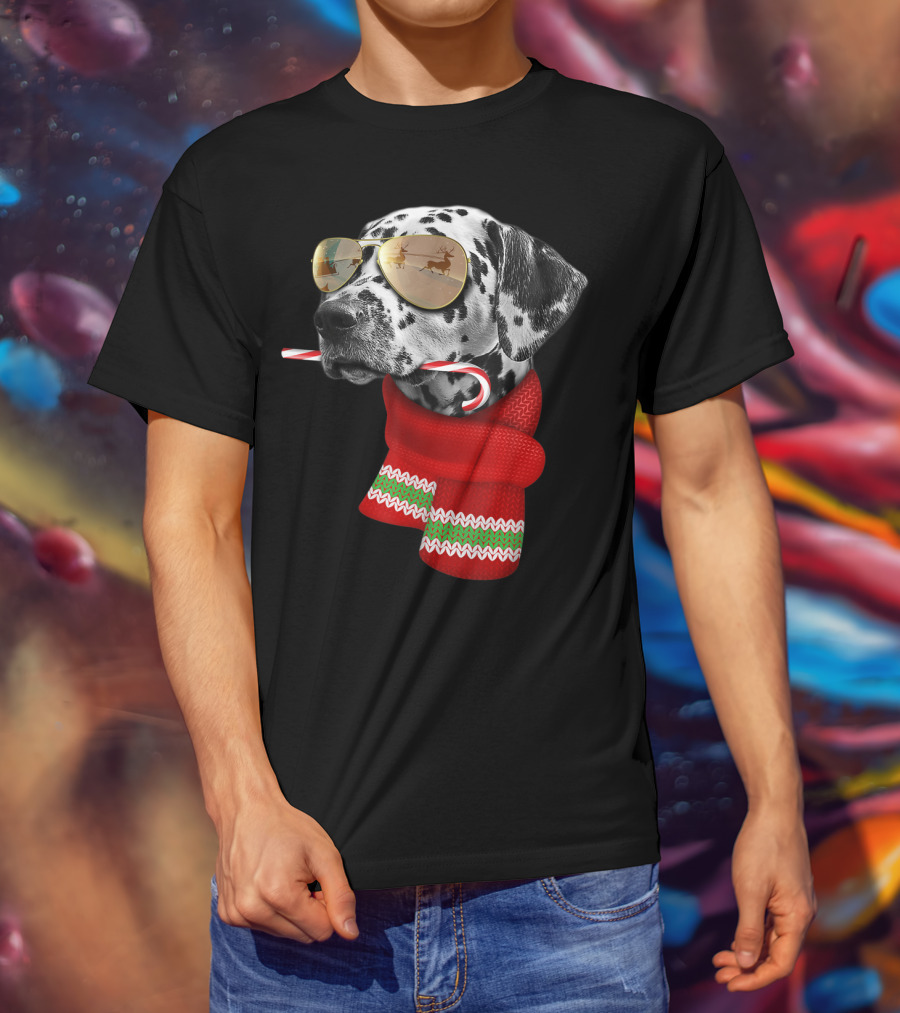 Dalmatian Christmas Dog With Candy Cane And Santa Sunglasses T-Shirt