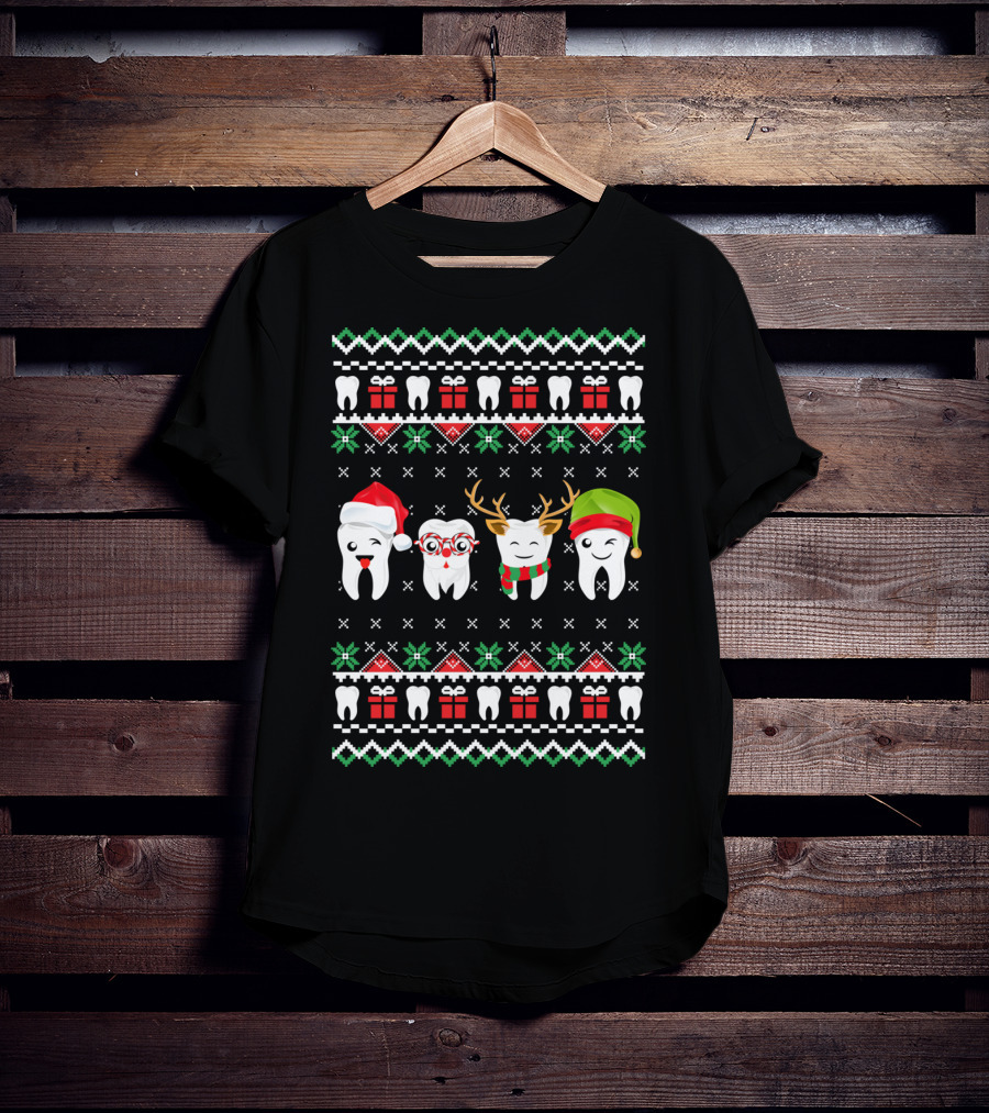 Dentist Ugly Christmas Teeth Santa Reindeer Glasses T-Shirt