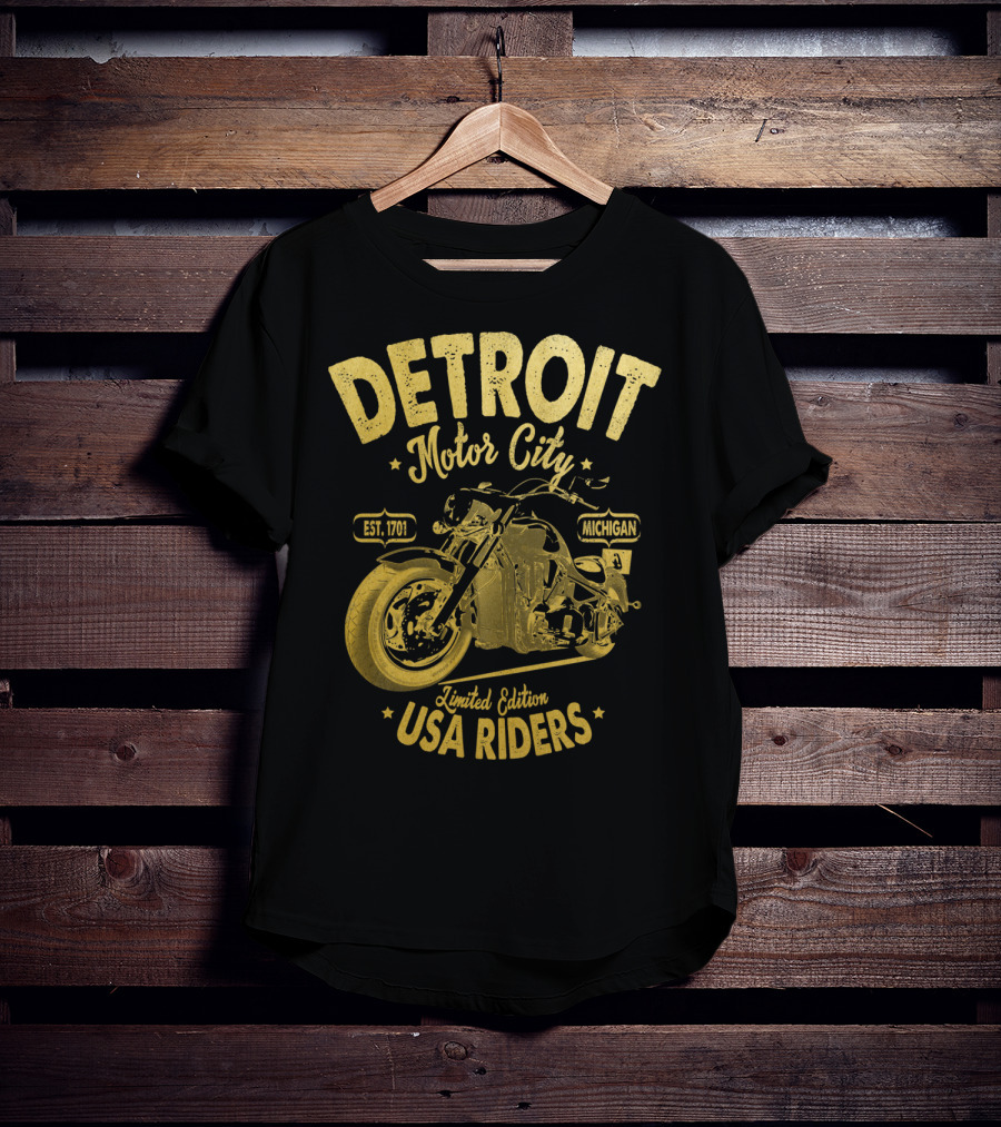 Detroit Motor City Michigan Est. 1701 USA Riders Gold Vintage T-Shirt