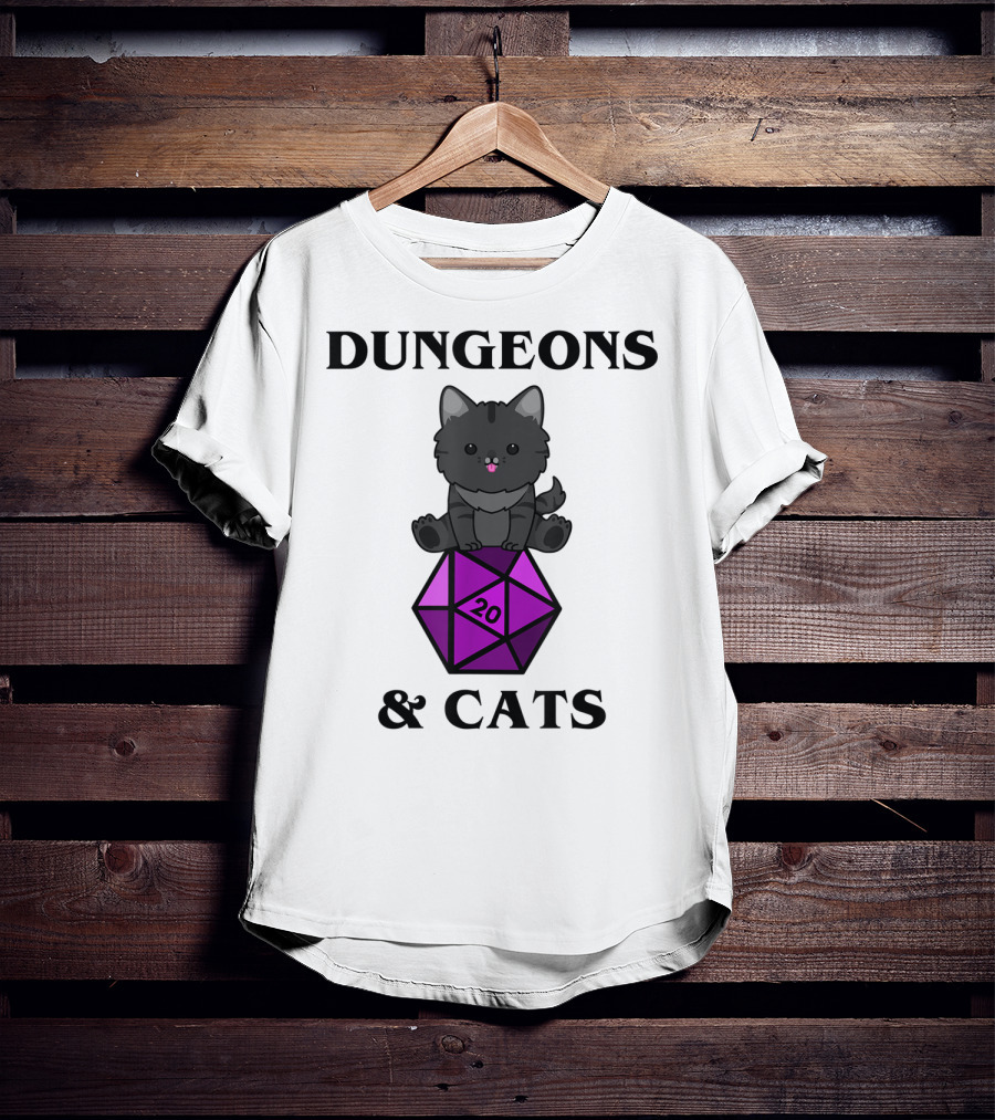 Dungeons And Cats Nerdy RPG Cat Sitting On D20 Dice T-Shirt