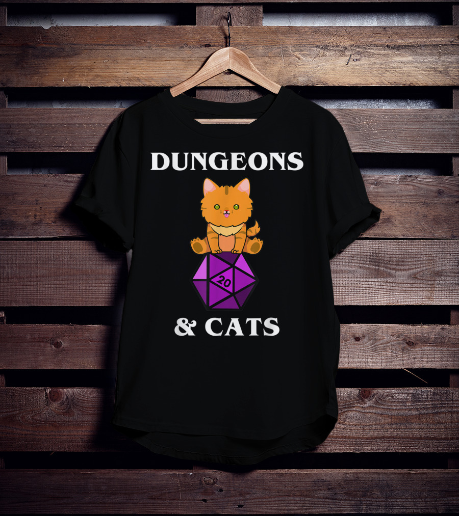 Dungeons And Cats Orange Cat On Purple D20 Dice T-Shirt