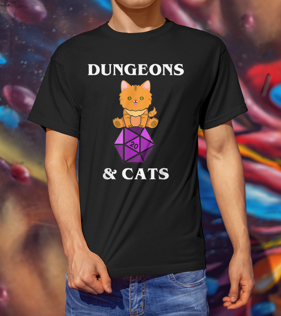 Dungeons And Cats Orange Cat On Purple D20 Dice T-Shirt