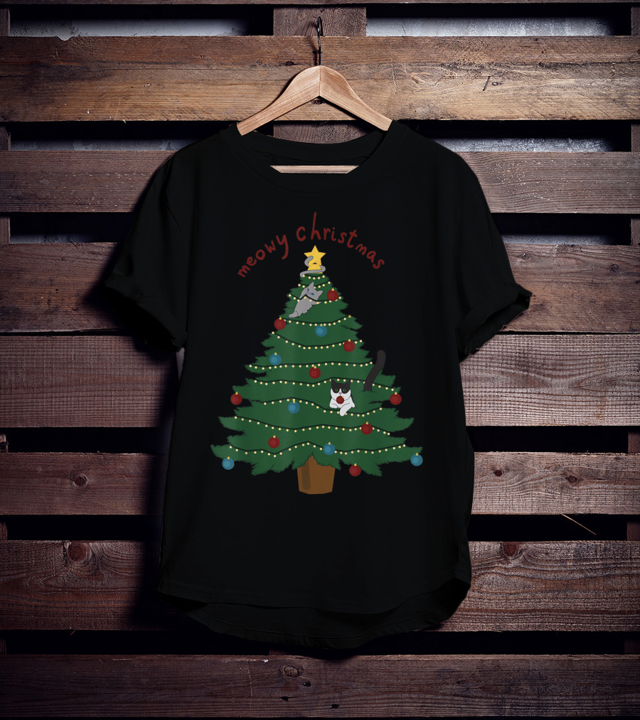 Meowy Christmas Funny Cats In Christmas Tree T-Shirt