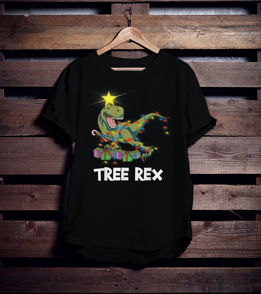 Tree Rex Christmas Dinosaur With Star And Gift Lights T-Shirt
