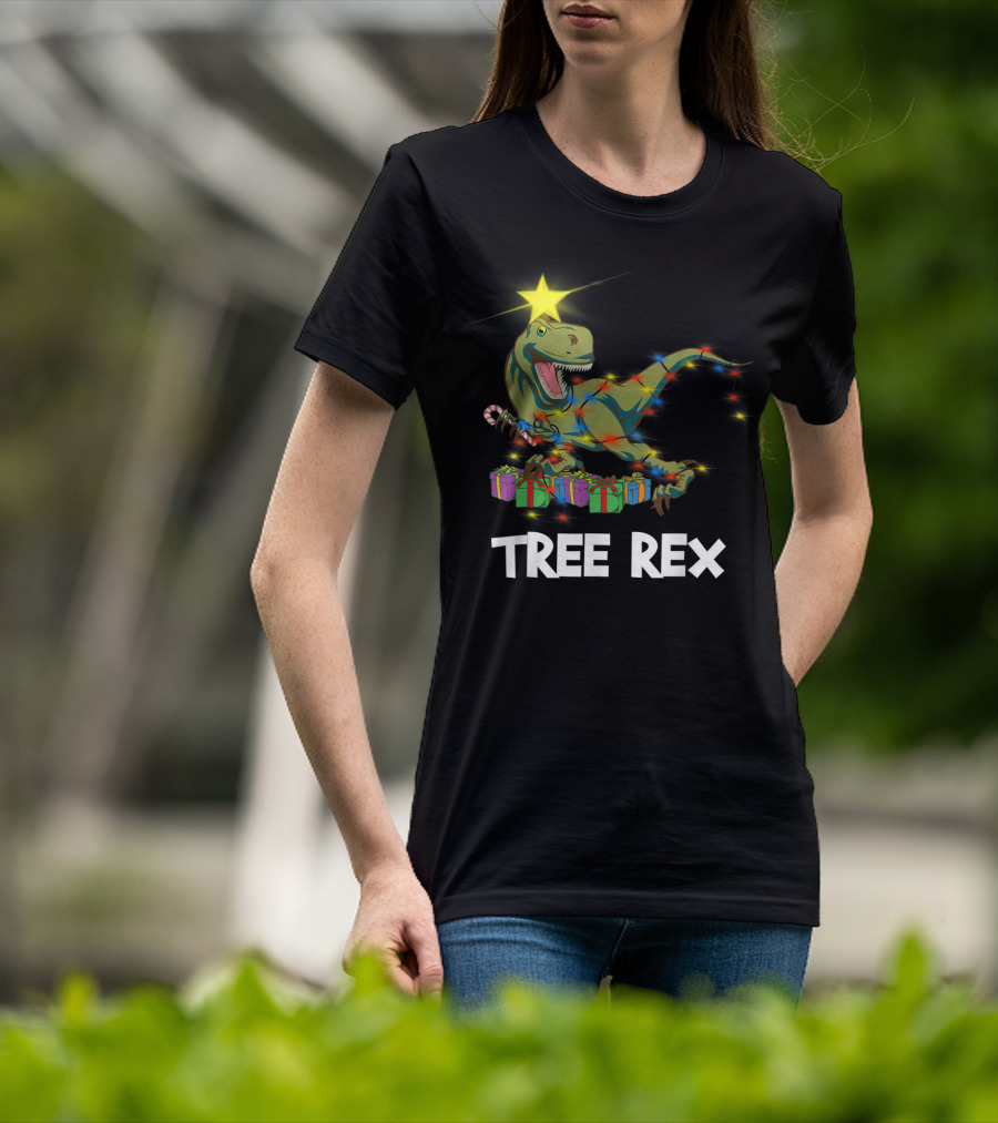 Tree Rex Christmas Dinosaur With Star And Gift Lights T-Shirt