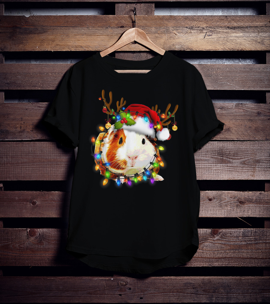 Guinea Pig With Christmas Lights And Reindeer Antlers In Santa Hat T-Shirt