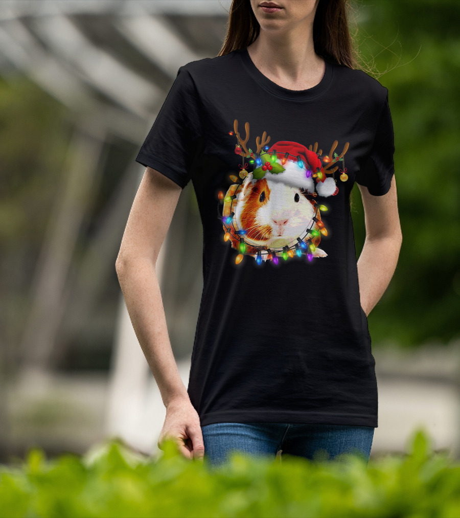 Guinea Pig With Christmas Lights And Reindeer Antlers In Santa Hat T-Shirt