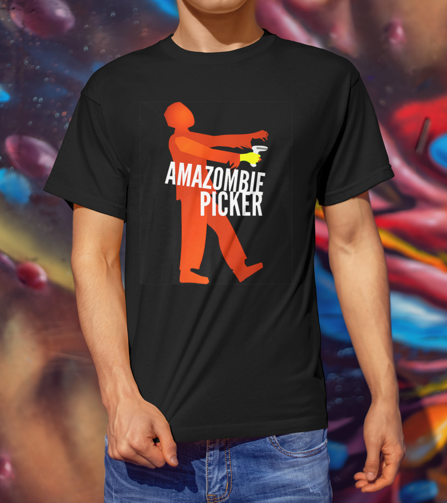 Amazombie Picker Walking Zombie Silhouette With Coffee Cup T-Shirt
