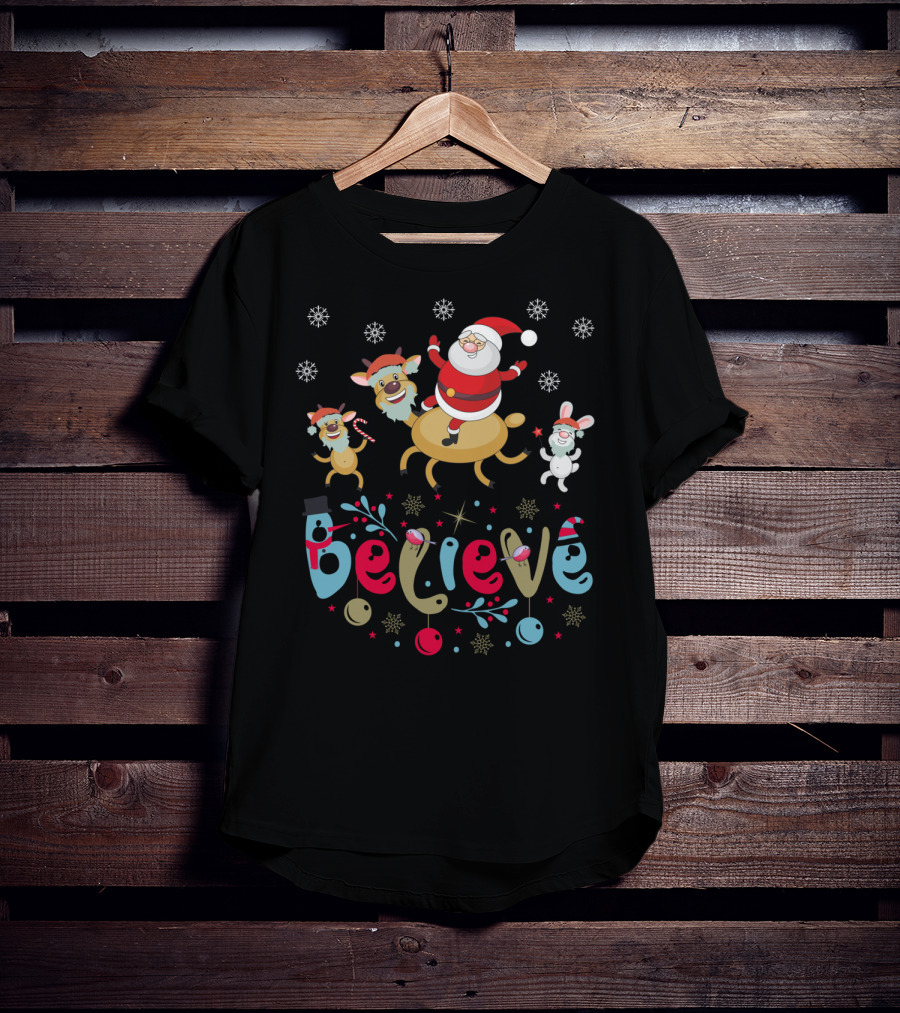 Believe Christmas Santa Claus Reindeer Rabbit Snowflakes T-Shirt