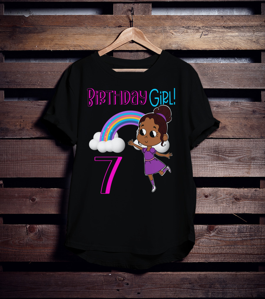 Birthday Girl 7 African American With Rainbow And Dancing Child T-Shirt