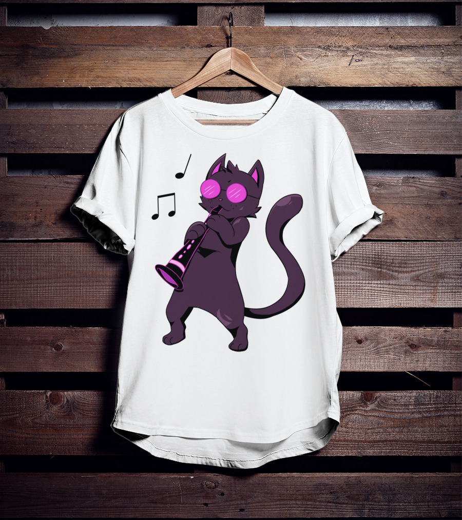Clarinet Playing Cool Cat Hippy Hipster Kitty With Sunglasses T-Shirt