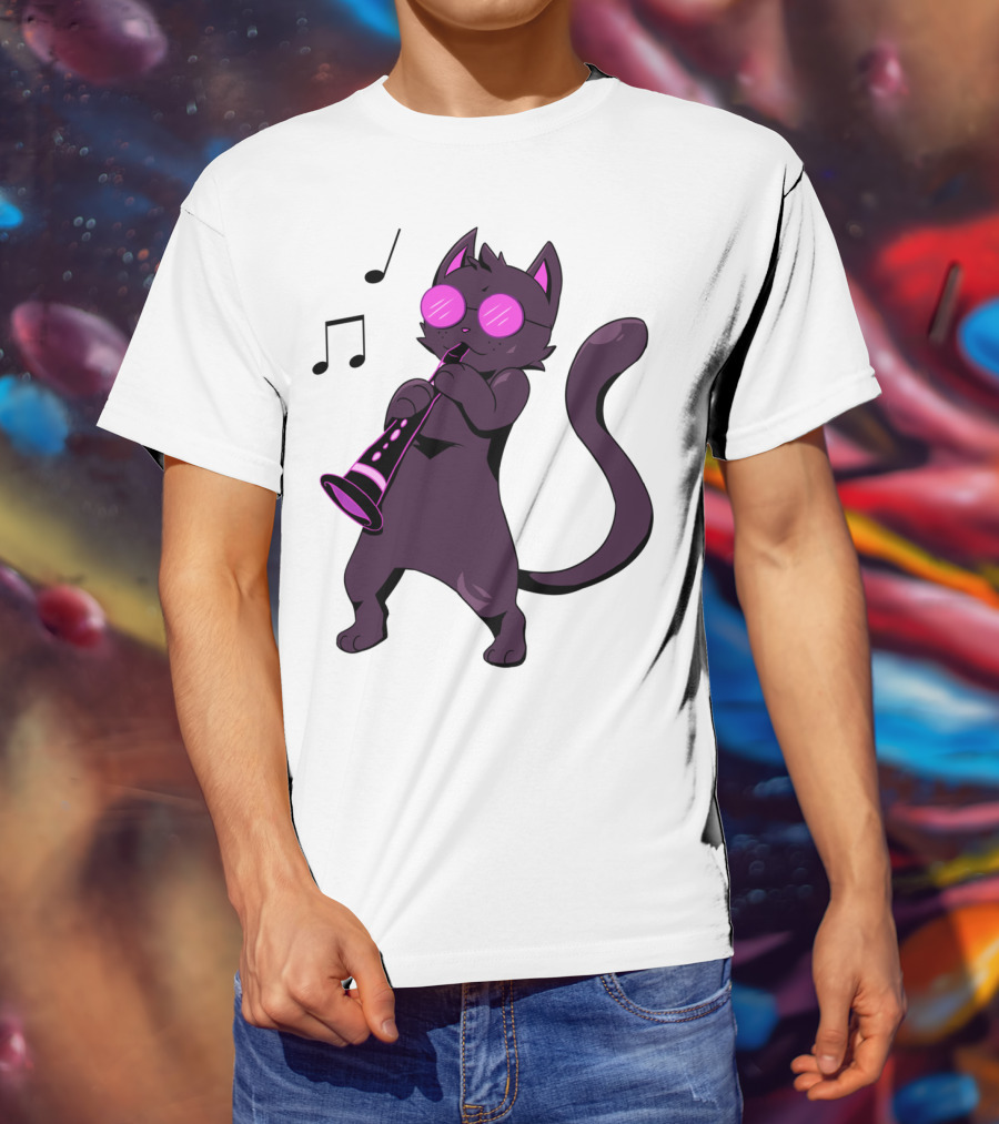 Clarinet Playing Cool Cat Hippy Hipster Kitty With Sunglasses T-Shirt