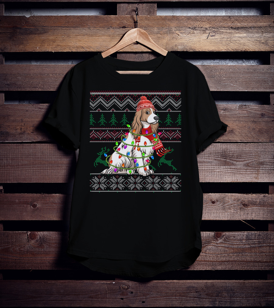 Cocker Spaniel Holiday Sweater With Christmas Lights And Reindeer T-Shirt
