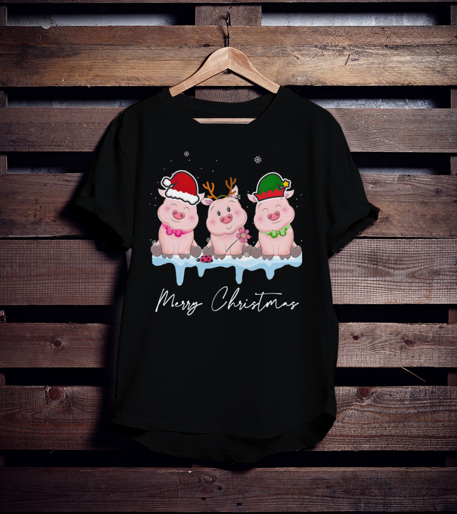 Merry Christmas Cute Pig Santa Hat Xmas Holiday Trio T-Shirt