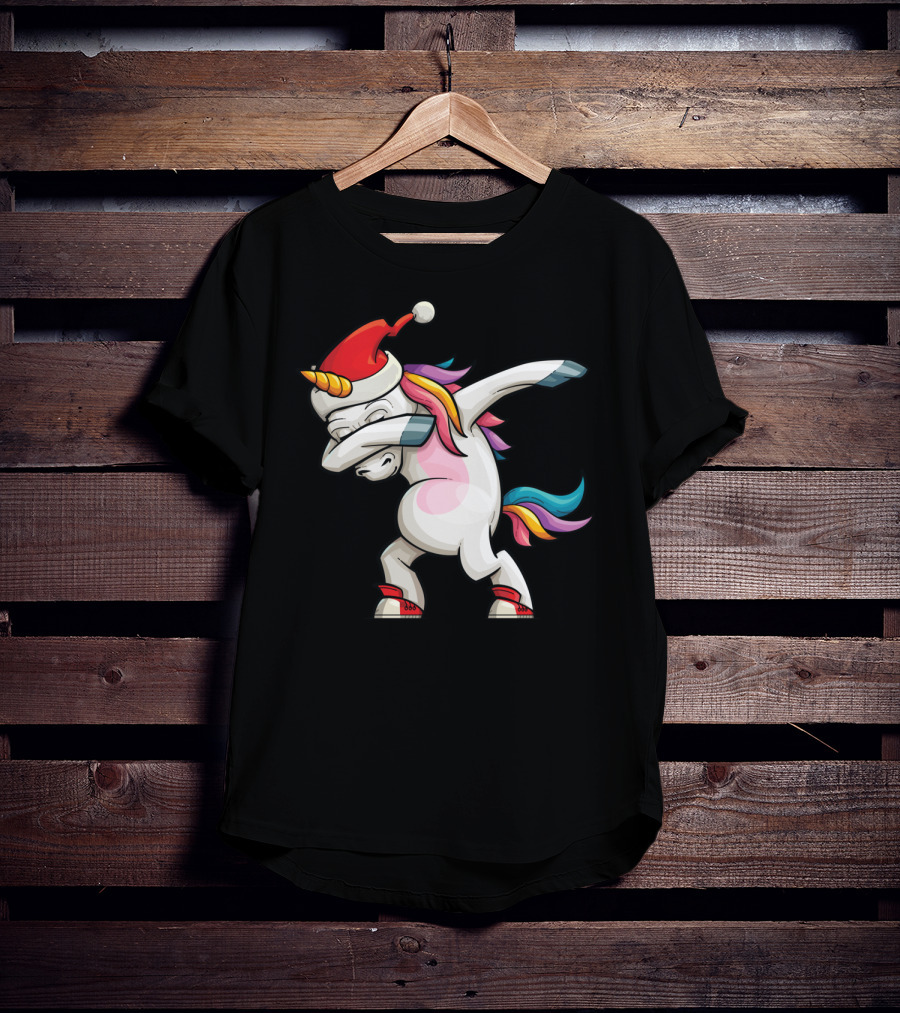 Dabbing Santacorn Xmas Funny Santa Unicorn Rainbow Mane Santa Hat T-Shirt