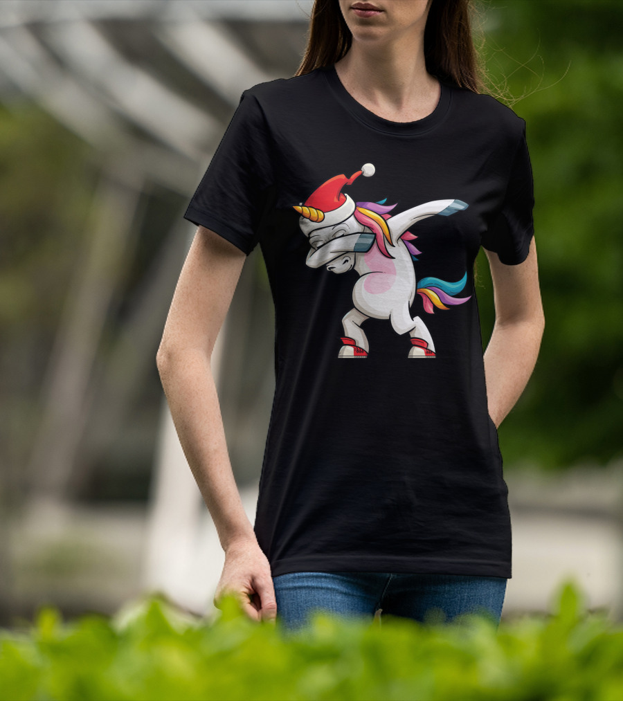 Dabbing Santacorn Xmas Funny Santa Unicorn Rainbow Mane Santa Hat T-Shirt