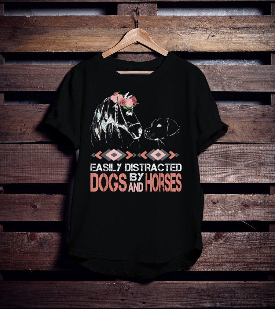 Easily Distracted By Dogs And Horses Horse With Flowers And Feathers T-Shirt