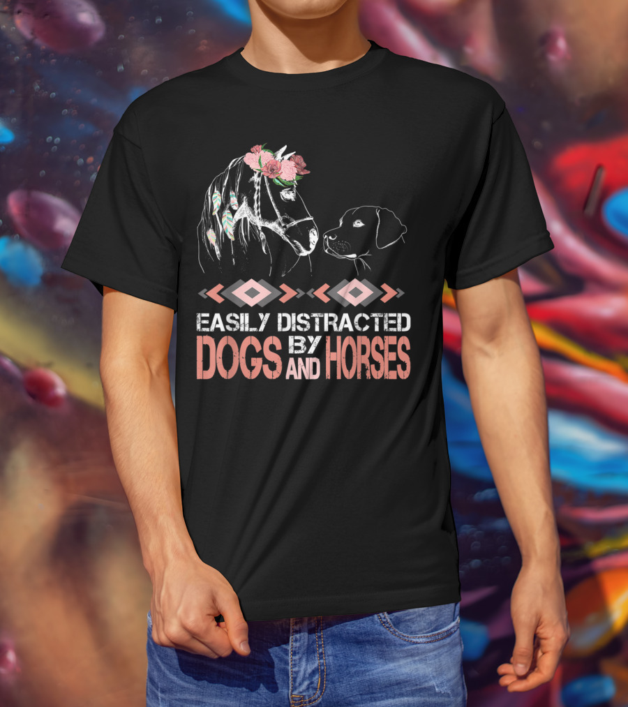 Easily Distracted By Dogs And Horses Horse With Flowers And Feathers T-Shirt