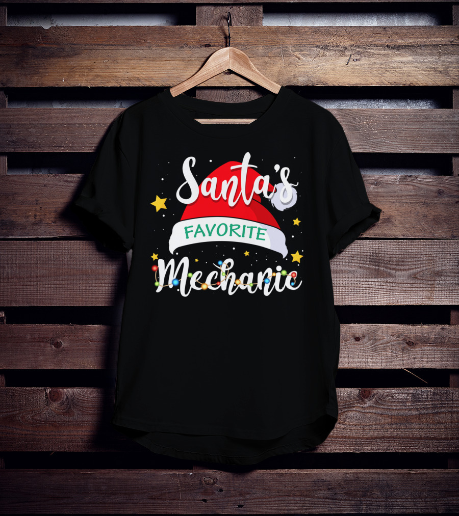 Santa's Favorite Mechanic Christmas Costume With Santa Hat And Holiday Lights T-Shirt