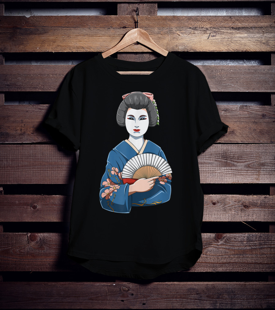 Geisha Girl Traditional Japanese Kimono Fan Blossoms T-Shirt