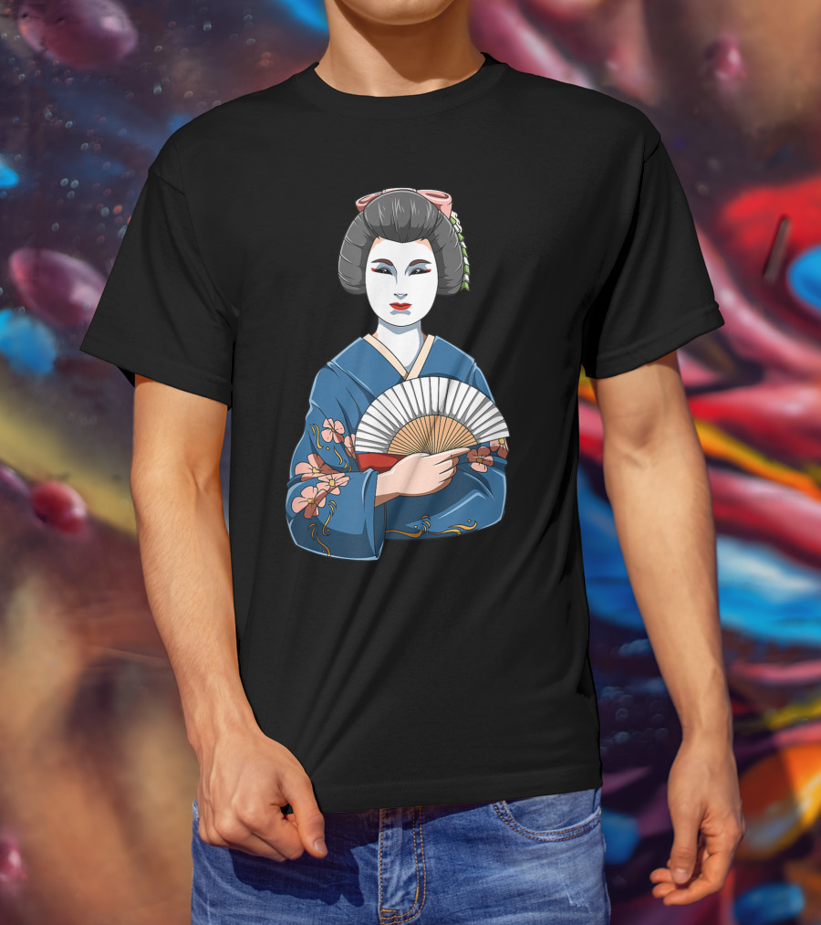 Geisha Girl Traditional Japanese Kimono Fan Blossoms T-Shirt