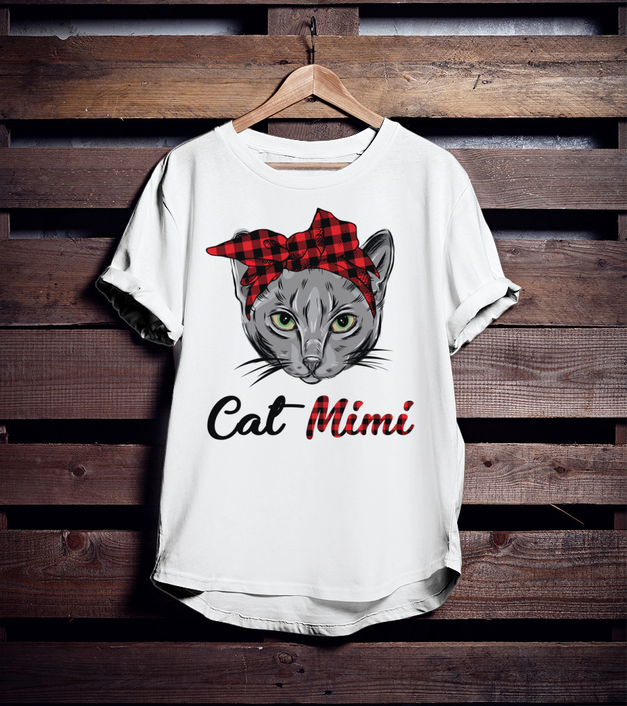 Grandma Pet Outfit Cat Mimi Buffalo Plaid Headband T-Shirt