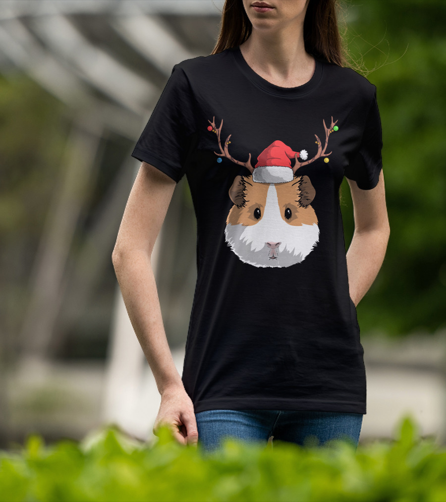 Santa Claus Hat Guinea Pig Reindeer Christmas Holiday T-Shirt
