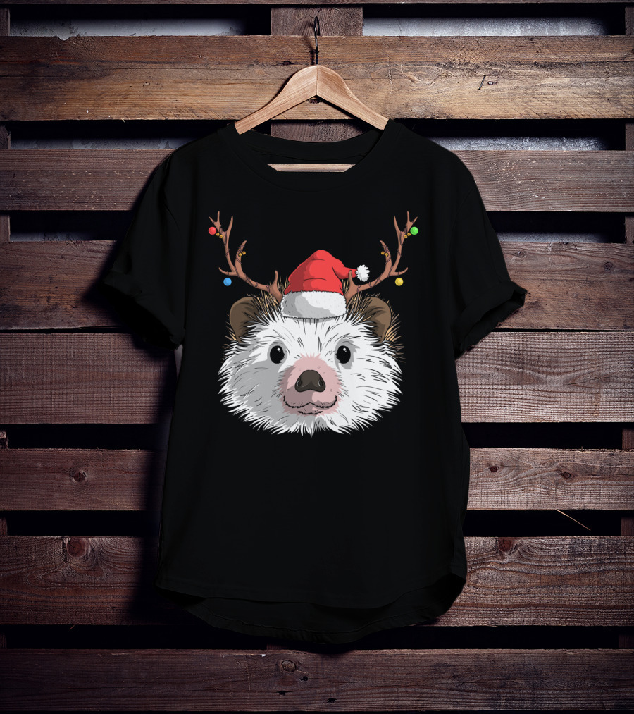 Hedgehog Santa Claus Hat Antlers Christmas Holiday T-Shirt