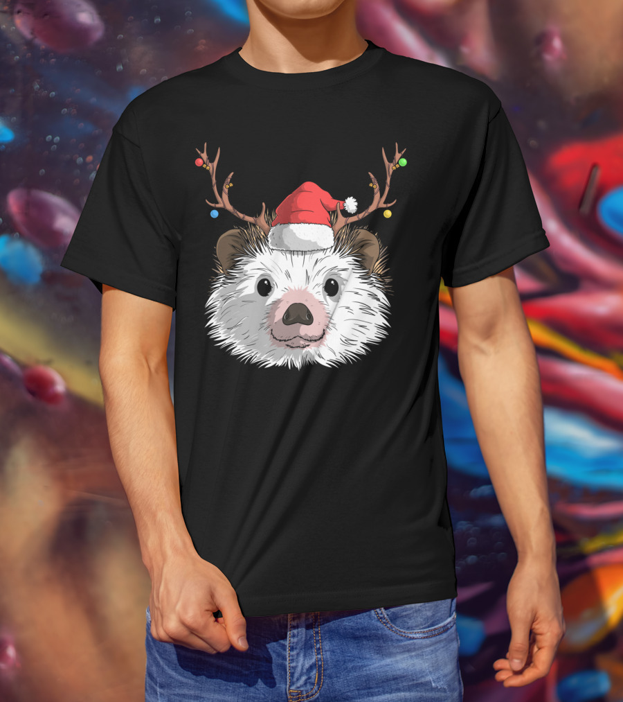 Hedgehog Santa Claus Hat Antlers Christmas Holiday T-Shirt