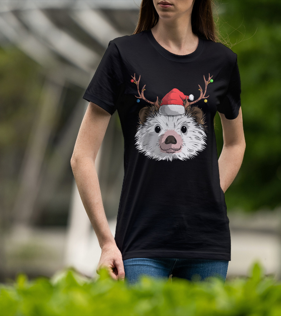 Hedgehog Santa Claus Hat Antlers Christmas Holiday T-Shirt