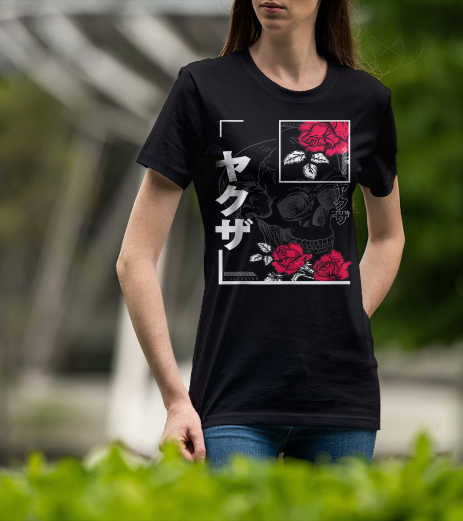 Urban Yakuza Skull And Red Roses T-Shirt