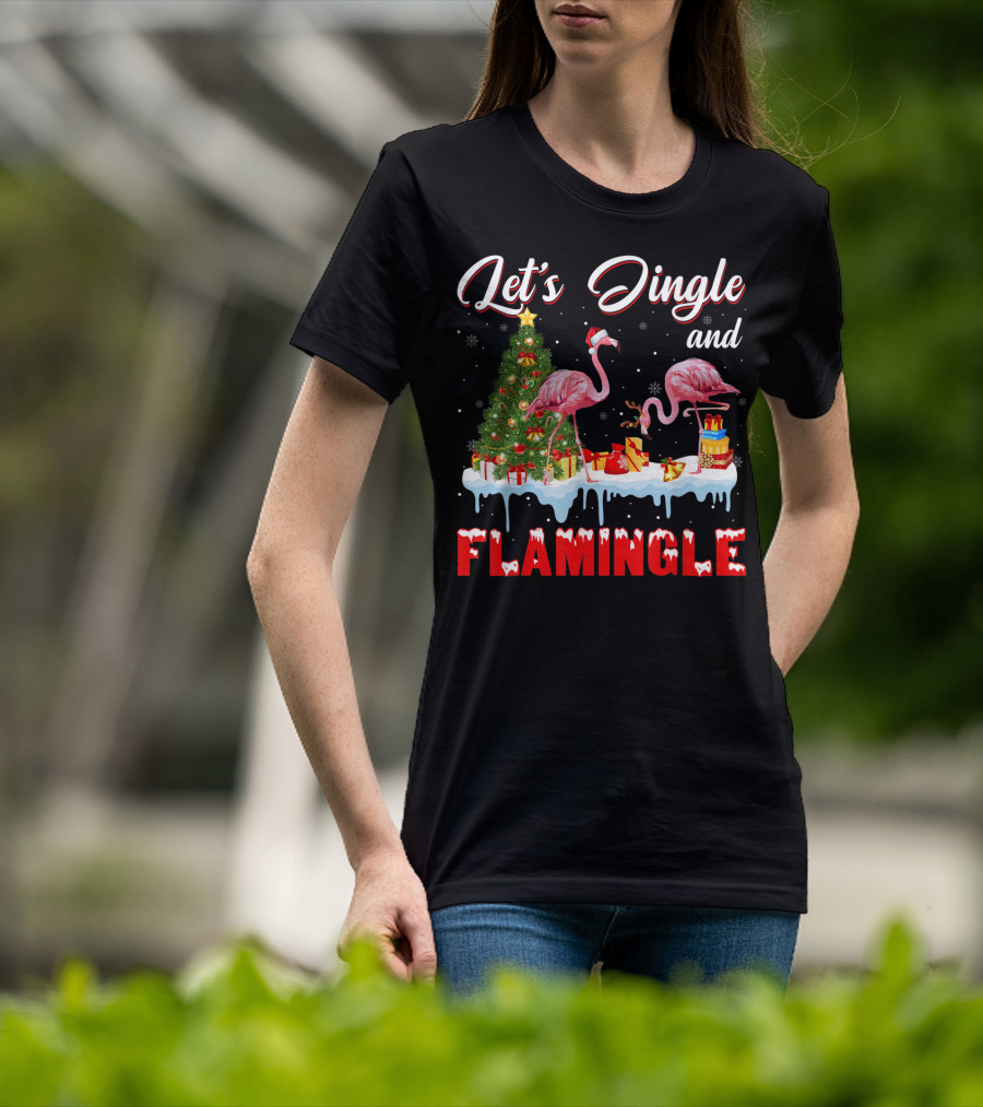 Let's Jingle And Flamingle Flamingos Santa Hat Christmas Tree Presents T-Shirt