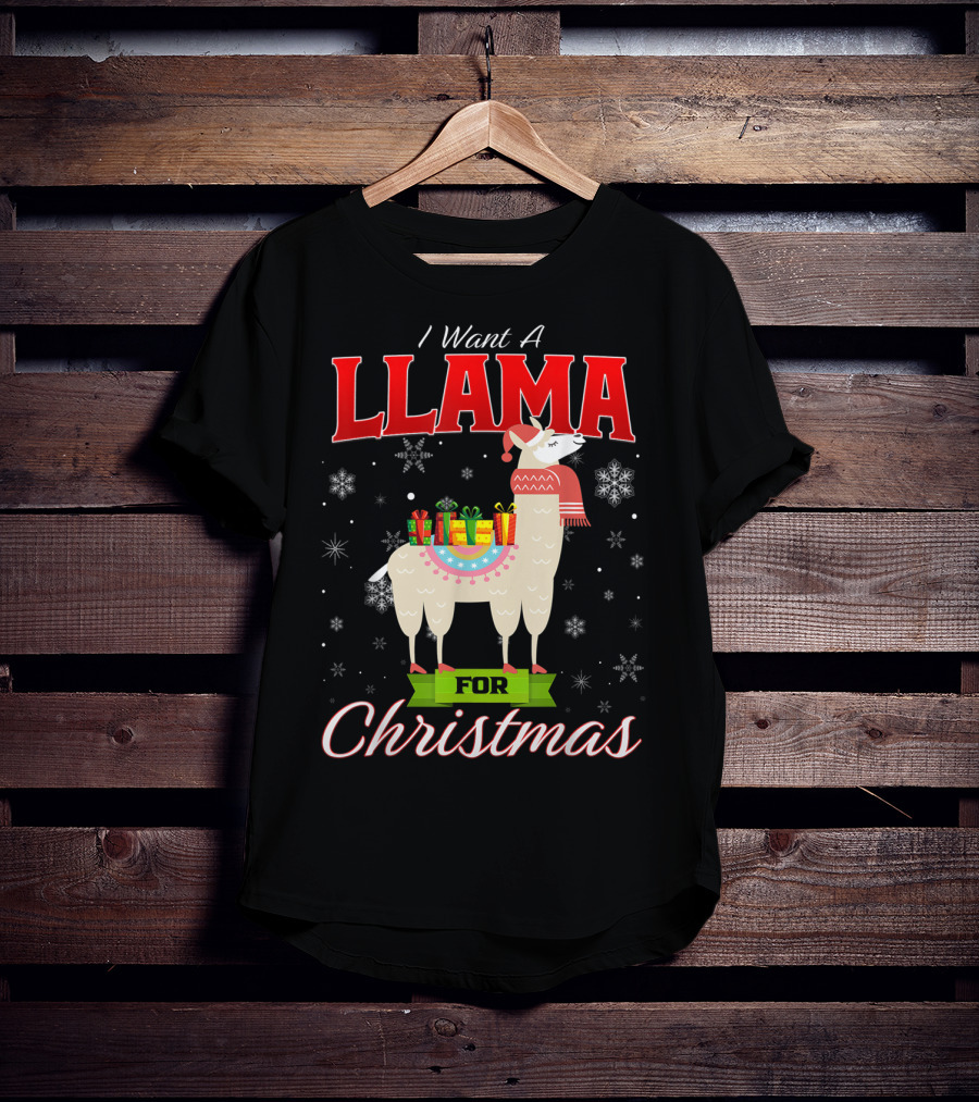 I Want A Llama For Christmas Santa Hat Snowflakes T-Shirt