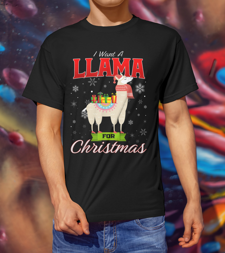 I Want A Llama For Christmas Santa Hat Snowflakes T-Shirt