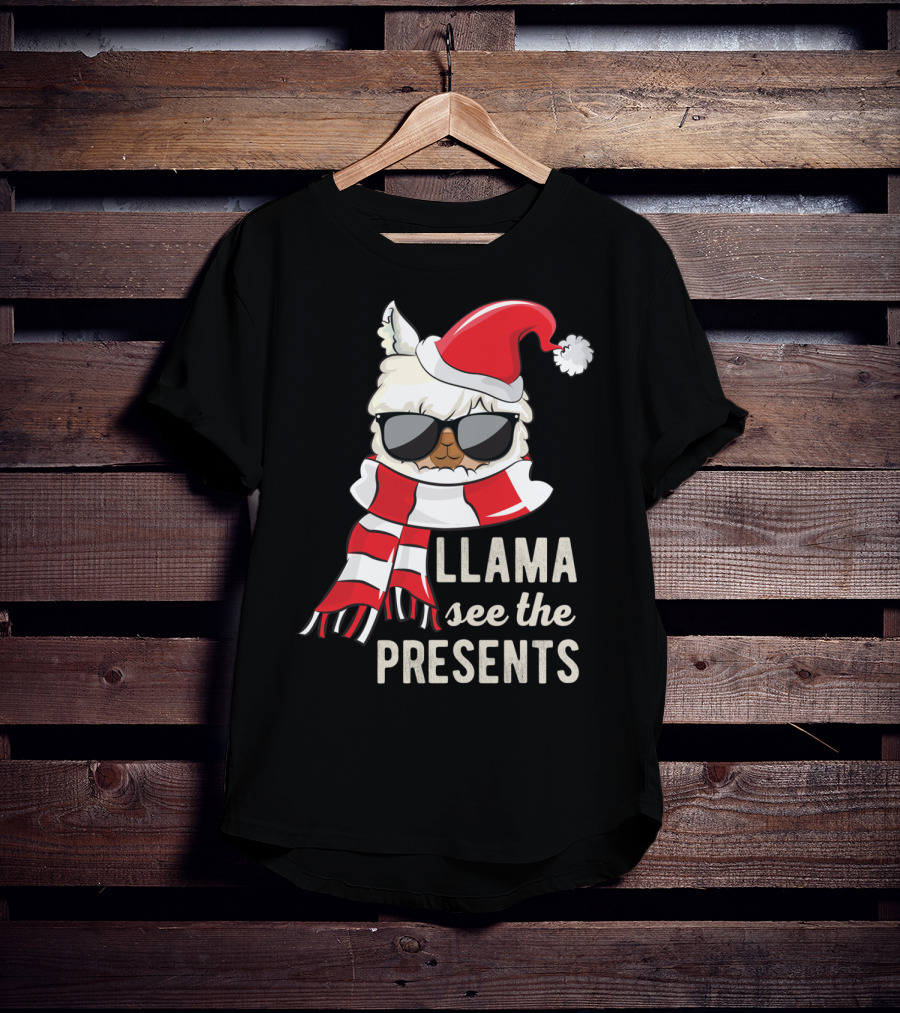 Llama See The Presents Funny Hat Xmas Alpaca Christmas Santa Scarf Sunglasses T-Shirt