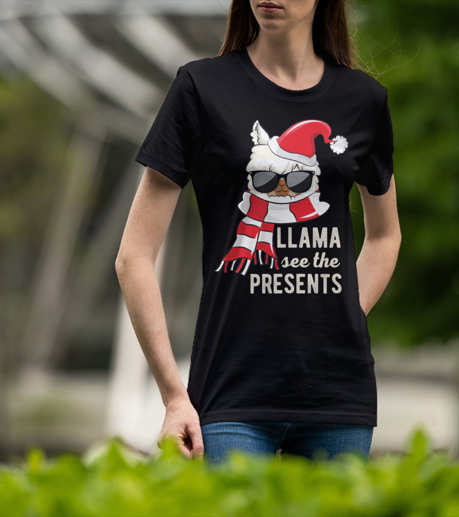 Llama See The Presents Funny Hat Xmas Alpaca Christmas Santa Scarf Sunglasses T-Shirt